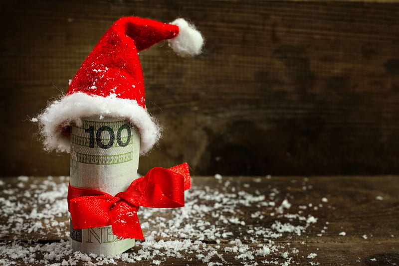 Gift money with red ribbon and Santa cap, red, money, christmas, holiday, ribbon, gift, winter, hat, santa, cap, rich, funny, HD wallpaper