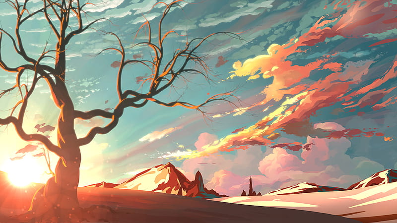 Red Sky Mountains Trees Digital Art Painting , sky, mountains, tress, digital-art, painting, artist, artwork, HD wallpaper