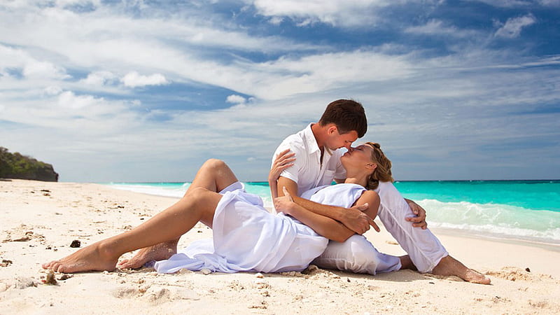 Couple Is Wearing White Dress Sitting On Beach Sand Couple, HD wallpaper