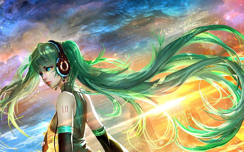 Hatsune Miku, green hair, manga, art, Vocaloid, HD wallpaper