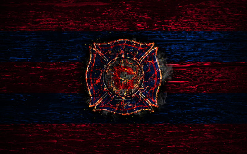 Chicago Fire FC, fire logo, MLS, red and blue lines, american football club, grunge, football, soccer, logo, Eastern Conference, Chicago Fire, wooden texture, USA, HD wallpaper