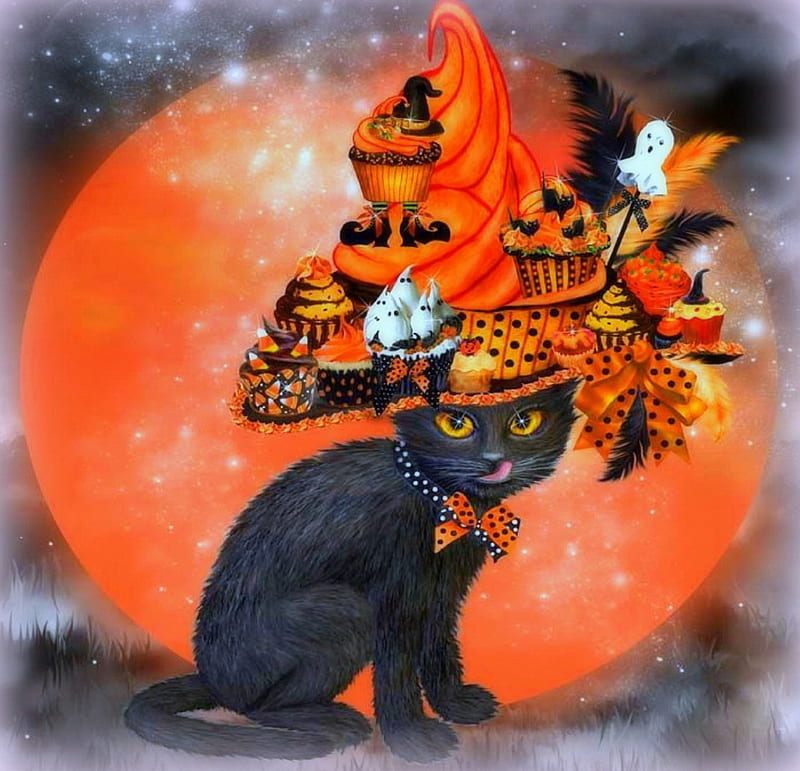 Cat in Cupcake Witch Hat, colorful, autumn, orange, halloween, bonito, bow, ribbons, digital art, cupcake, fantasy, animals, lovely, holiday, love four seasons, creative pre-made, cat, October 31st, cute, witch hat, weird things people wear, HD wallpaper