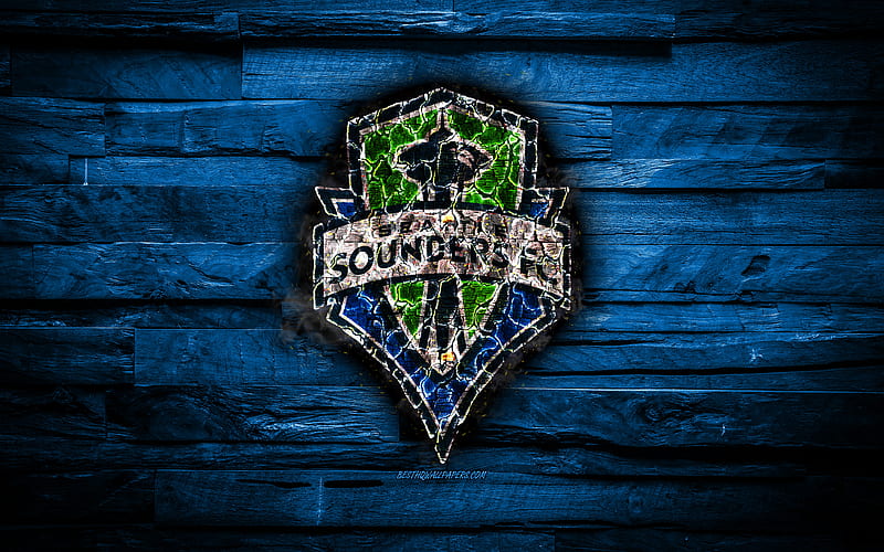Seattle Sounders FC scorched logo, MLS, blue wooden background, american football club, Western Conference, grunge, soccer, Seattle Sounders logo, fire texture, USA, HD wallpaper