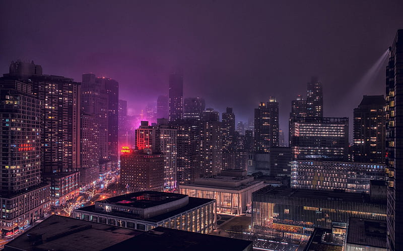 Lincoln center on a foggy night in nyc, city, purple, street, lights ...