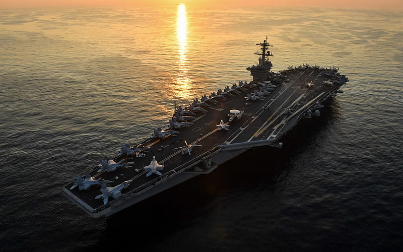 USS Theodore Roosevelt, CVN-71, American aircraft carrier, warship, top view, deck of an aircraft carrier, USA, sunset, ocean, HD wallpaper