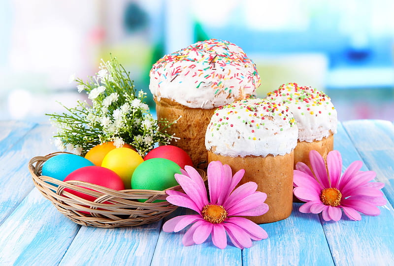 Easter, cake, Easter eggs, still life, basket, eggs, flowers, cakes, wood, HD wallpaper
