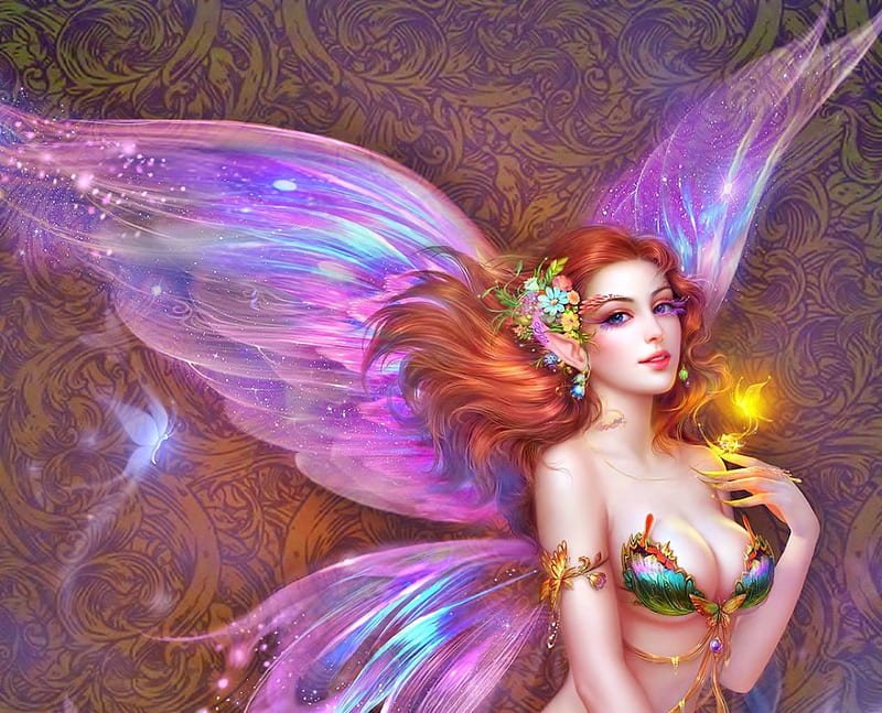 Elfan Fairy, fantasy, wings, flowers, beauty, red hair, fairy, HD wallpaper