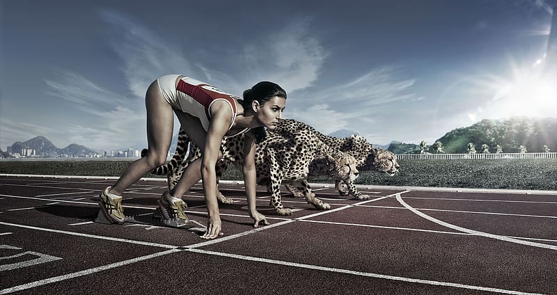 :), running, pisici, big cat, cat, girl, funny, cheetah, race, fantasy, HD wallpaper