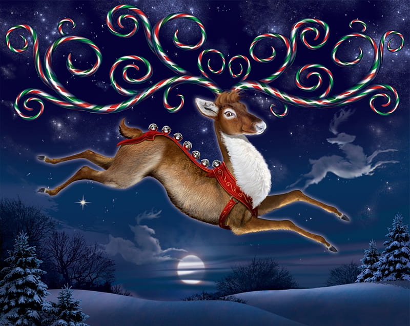 CANDY CANE REINDEER, NIGHT, CANDY CANE, REINDEER, WINTER, SNOW, MOON, HOLIDAY, HD wallpaper