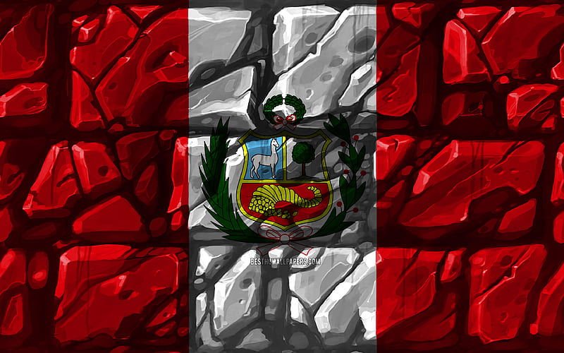 Peruvian flag, brickwall South American countries, national symbols, Flag of Peru, creative, Peru, South America, Peru 3D flag, HD wallpaper