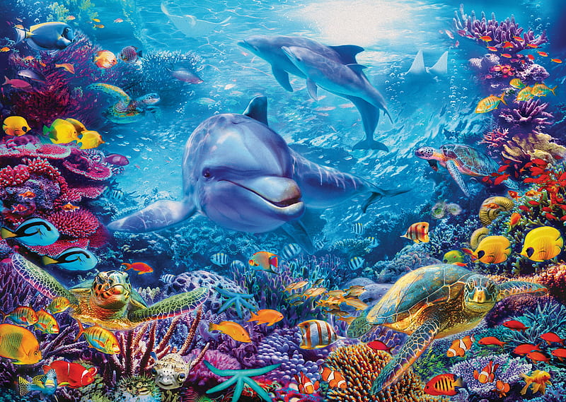 Underwater, colorful, luminos, fish, coral, sea, fantasy, vara, water, dolphin, jan patrik krasni, summer, blue, HD wallpaper