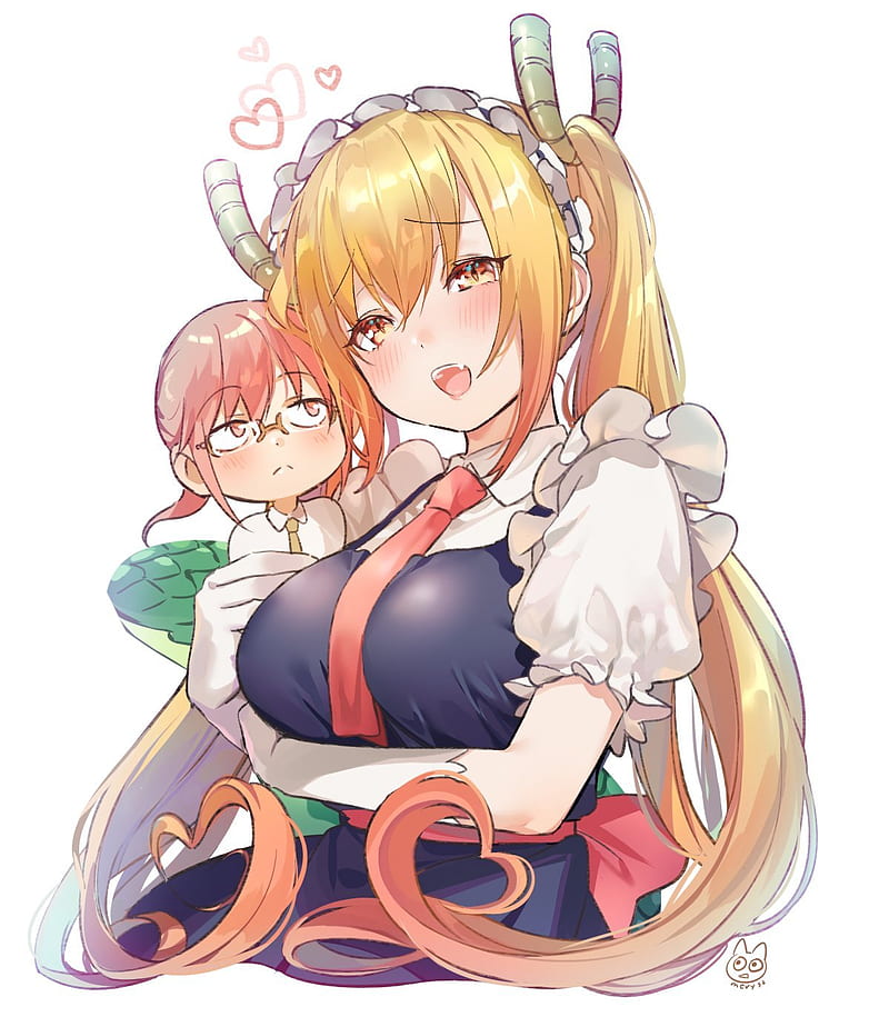 anime, anime girls, Kobayashi-san Chi no Maid Dragon, Tohru (Kobayashi-san Chi no Maid Dragon), Kobayashi (Kobayashi-san Chi no Maid Dragon), dragon girl, horns, long hair, twintails, blonde, blond hair, white background, maid, maid outfit, maiden, red tie, tail, orange eyes, Mery (artist), HD phone wallpaper