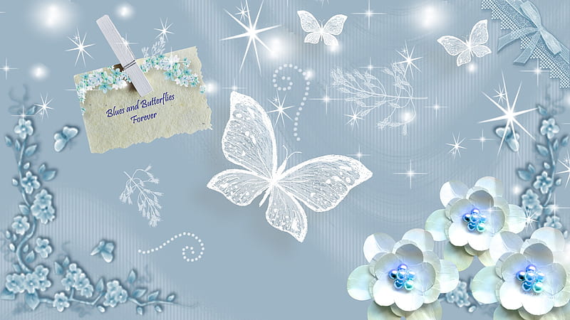 Blues and Butterflies Forever, stars, clothes pin, glow, firefox persona, butterflies, abstract, note, flowers, blue, HD wallpaper