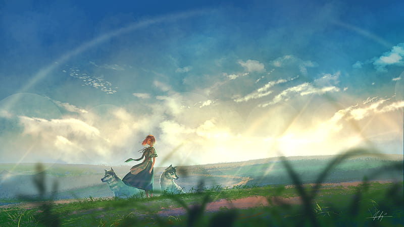 anime landscape, girl, wolves, scenic, wind, plands, field, clouds, Anime, HD wallpaper