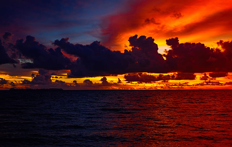 ocean, water, clouds, sunset, dark, HD wallpaper
