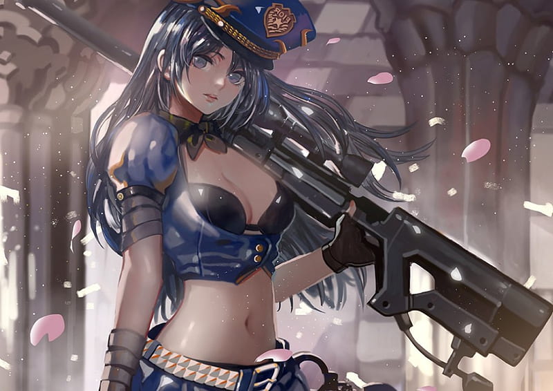 Caitlyn, pretty, video game, game, bonito, league of legends, sweet, nice, gun, anime, mmorpg, hot, beauty, anime girl, weapon, long hair, black hair, female, lovely, sexy, rpg, armor, girl, petals, HD wallpaper