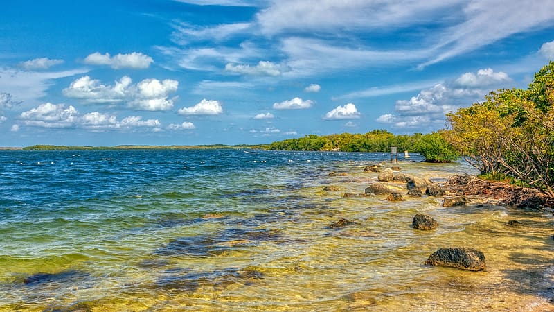 Key Largo, Florida, clouds, sky, stones, Sea, usa, HD wallpaper