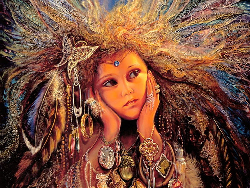 Magpie Fairy, art, makebelieve, wall, jewelry, faerie, josephine wall, girl, dreamer, feathers, HD wallpaper