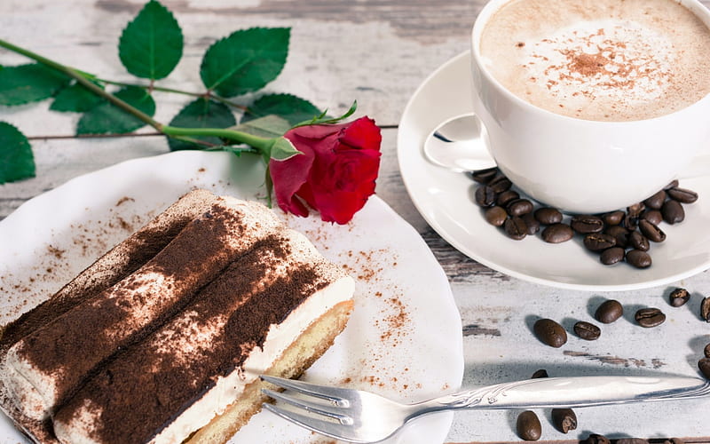 With Love, cake, coffee, rose, cup, roses, HD wallpaper