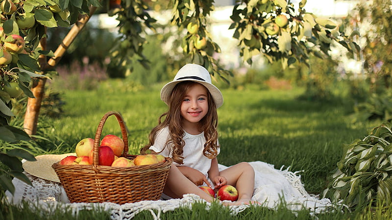 Cute Little Girl Is Sitting On White Cloth Wearing White Dress Near Wicker Basket With Fruits Cute, HD wallpaper