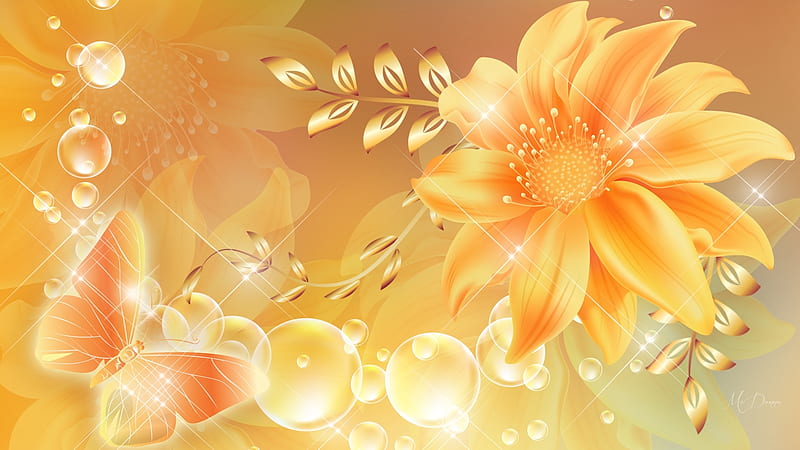 Gold Perfection, fall, autumn, gold leaves, shine, yellow, gold, butterfly, summer, bubbles, flowers, Firerox Persona theme, HD wallpaper