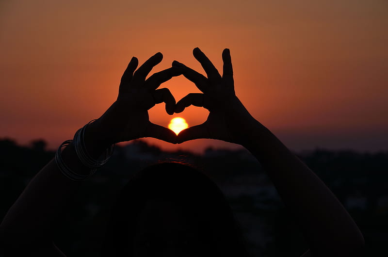 heart, hands, sunset, love, sun, HD wallpaper