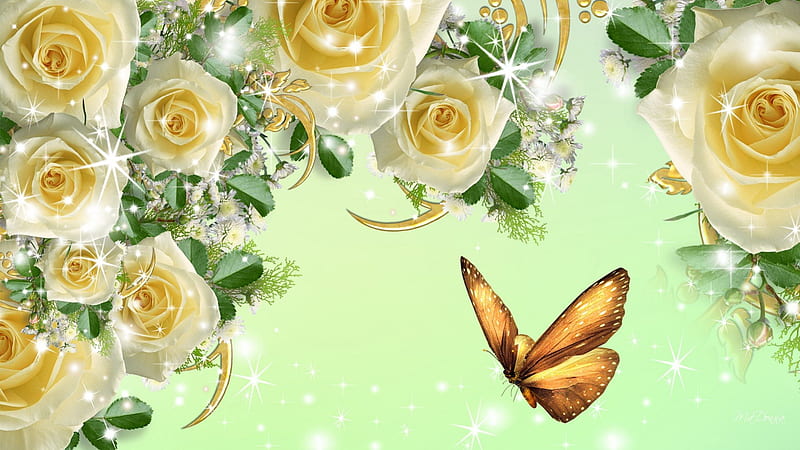 Yellow Roses, stars, flowers, glow, fragrant, shine, spring, roses, sparkle, moth, gold, butterfly, green, bright, summer, papillon, flowers, HD wallpaper