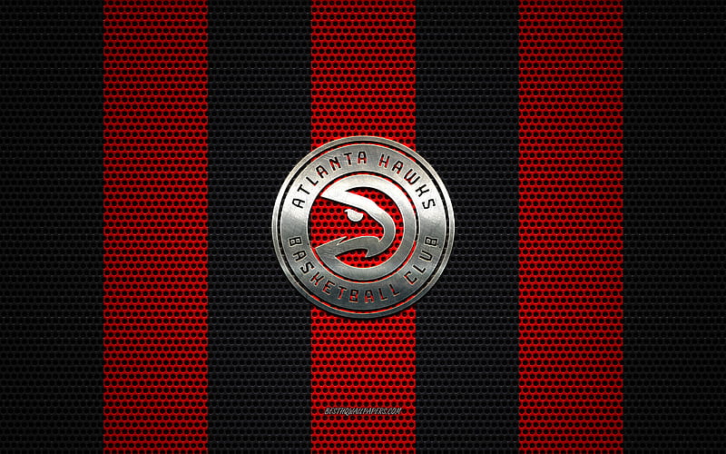 Atlanta Hawks logo, American basketball club, metal emblem, red-black metal mesh background, Atlanta Hawks, NBA, Atlanta, Georgia, USA, basketball, HD wallpaper