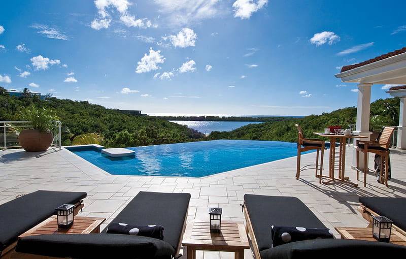 Incredible Pool with Ocean View, islands, exotic, view, ocean, villa, pool, sea, loungers, paradise, island, tropical, swimming, luxury, HD wallpaper