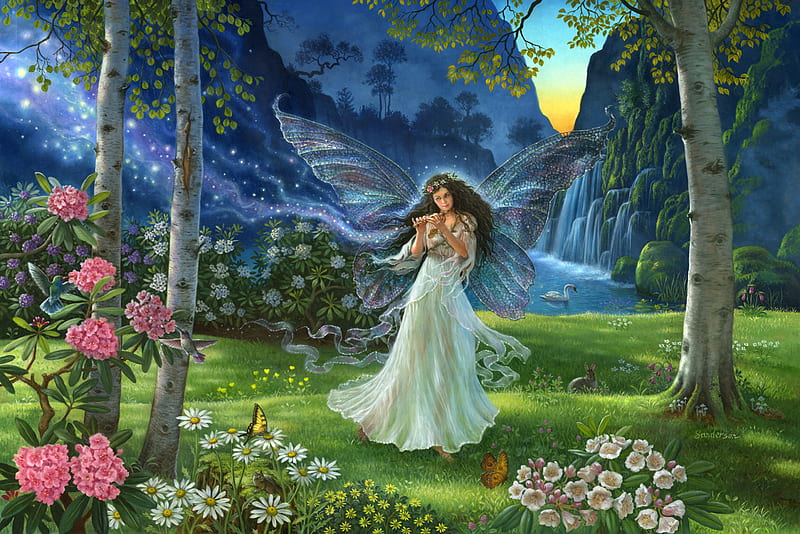 A Fairy's Melody, wonderful, sun, grass, sunset, magic, mountain, splendor, love, waterfall, flowers, forests, fairy, wings, lovely, trees, waterfalls, water, paradise, mountains, garden, landscape, colorful, rose, hummingbird, swan, painting, animals, forest, rabbit, music, melody, place, butterflies, peace, girl, maid, flute, peaceful, nature, bunny, meadow, HD wallpaper