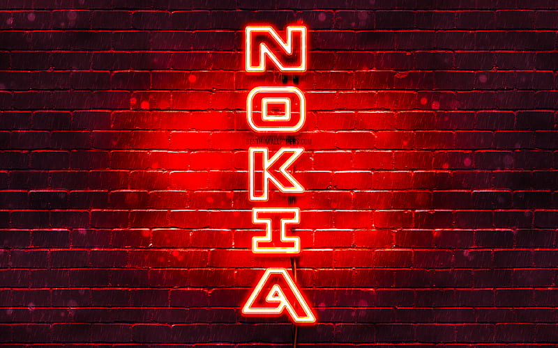 Nokia red logo, vertical text, red brickwall, Nokia neon logo, creative, Nokia logo, artwork, Nokia, HD wallpaper