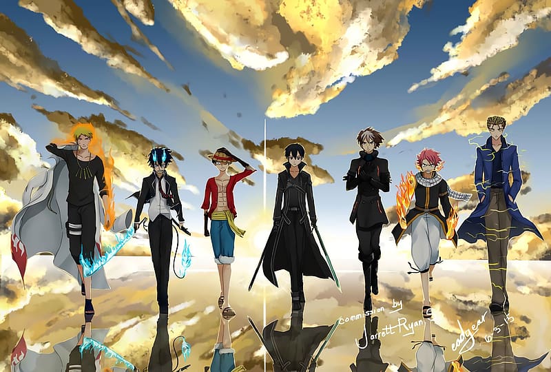 Anime, Naruto, Sword Art Online, Crossover, One Piece, Naruto Uzumaki, Monkey D Luffy, Fairy Tail, Natsu Dragneel, Blue Exorcist, Rin Okumura, Kirito (Sword Art Online), Kazuto Kirigaya, HD wallpaper