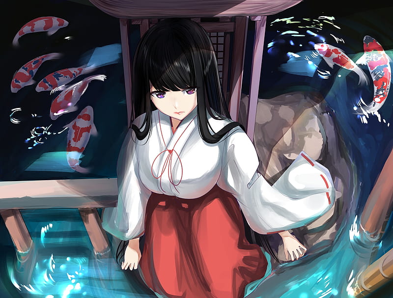 anime girl, miko, japanese clothes, black hair, fishes, Anime, HD wallpaper