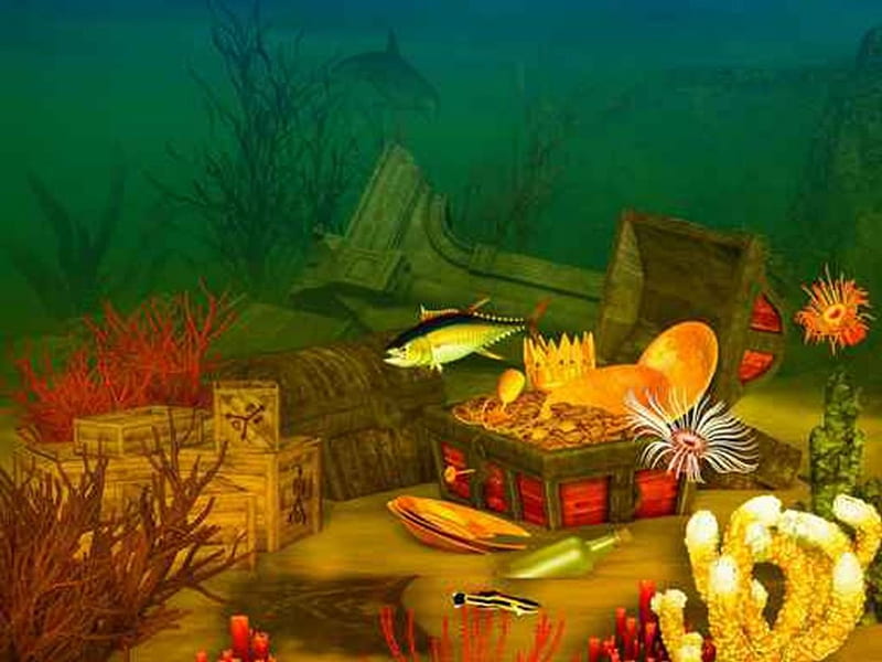 sunken treasure, underwater, colorful, sunken, gold, treasure, HD wallpaper