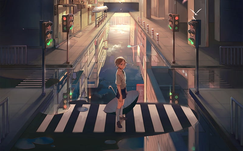 girl pedestrian street-Cartoon, HD wallpaper
