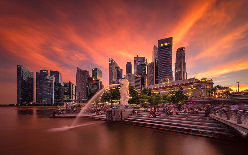 Singapore, skyscrapers, modern buildings, sunset, bay, cityscape, HD wallpaper