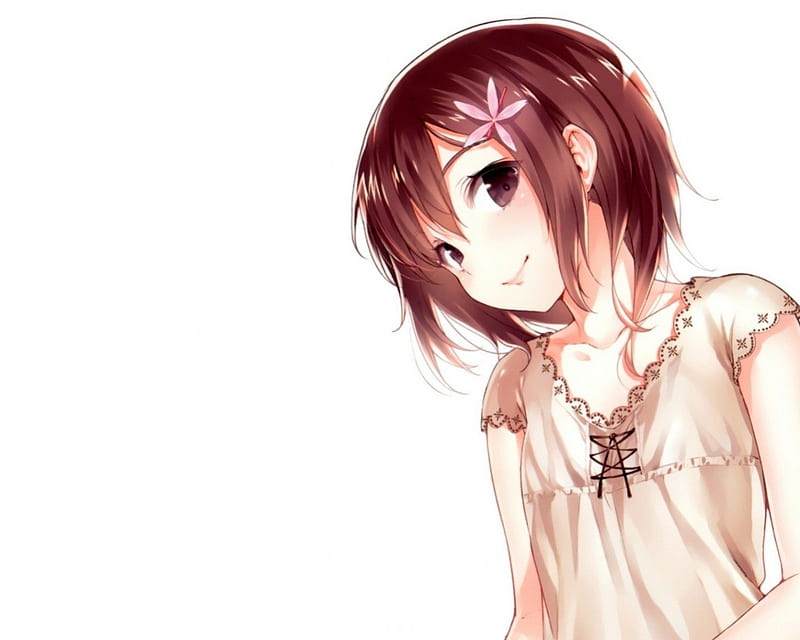 Anime Girl, short hair, nice, lovely, dress, hair pin, red hair, white background, HD wallpaper