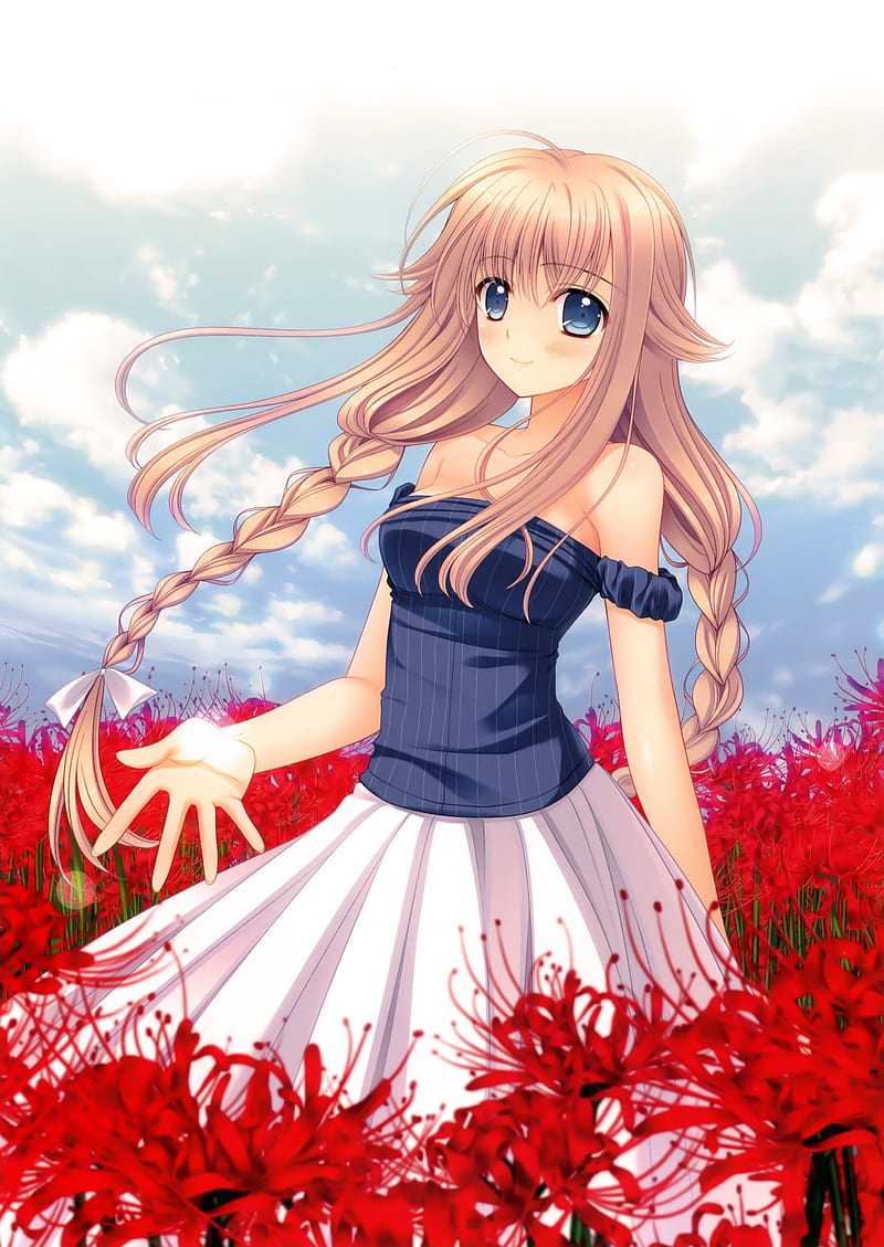 anime, anime girls, long hair, blue eyes, flowers, HD phone wallpaper