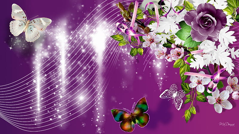 Purple Roses Falling Stars, perfume, flowers, glow, twinkle, cherry bossoms, rose, shine, fragrance, aroma, glitz, sparkle, butterfly, bright, papillon, flowers, stars, sakura, glitter, magenta, butterflies, spring, apple blossoms, summer, HD wallpaper