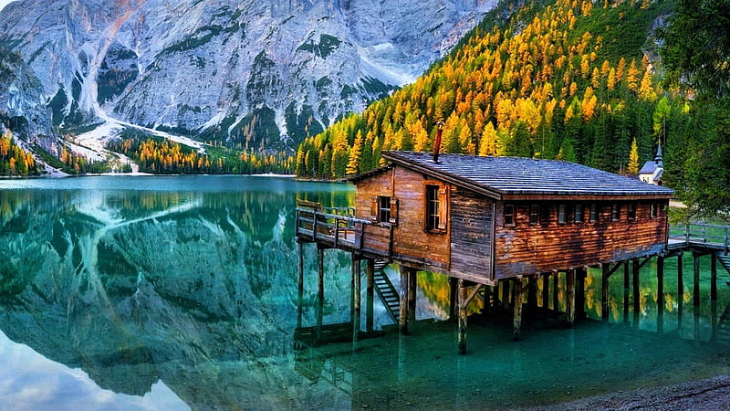 Cabin in the lake, chapel, autumn, reflections, mountains, HD wallpaper
