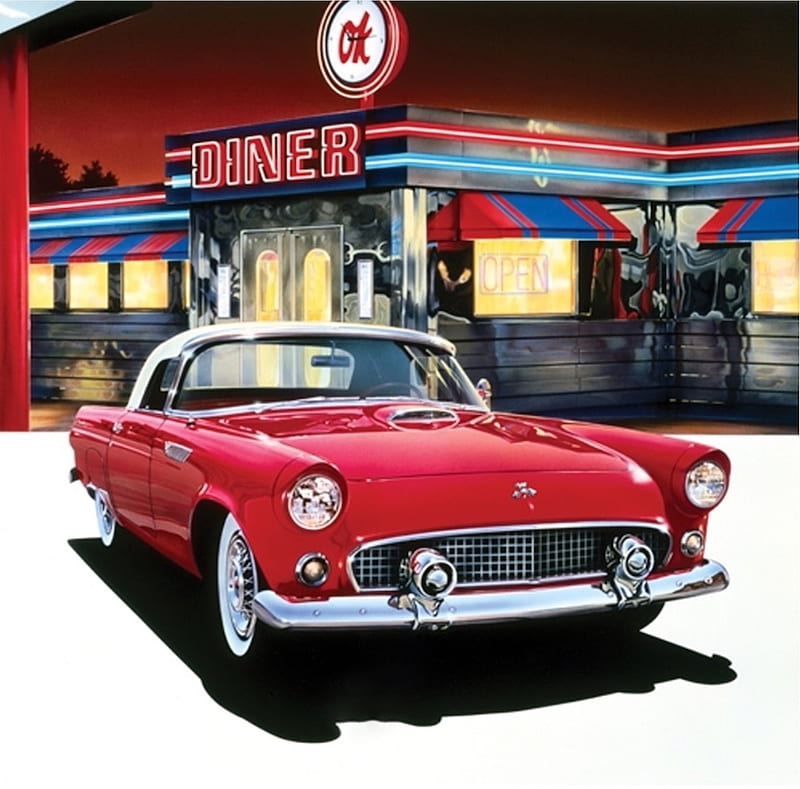 Ford Thunderbird '55 at The OK Diner, red, usa, ford, painting, thunderbird, american, diner, vintage, HD wallpaper