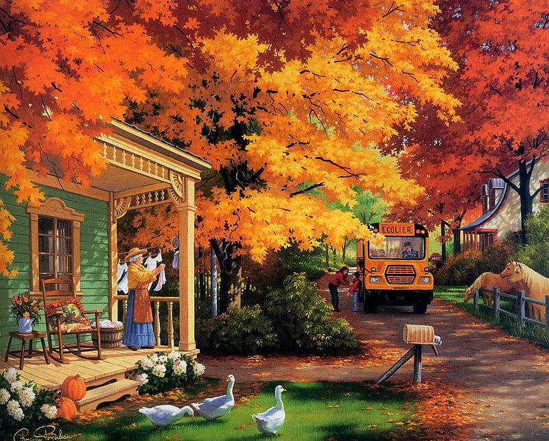 School Bus, fall, art, autumn, house, ducks, trees, horses, bus, gold, painting, flowers, road, pumpkins, HD wallpaper