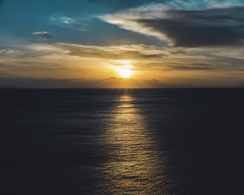 sea, sunset, sun, horizon, ripples, waves, HD wallpaper
