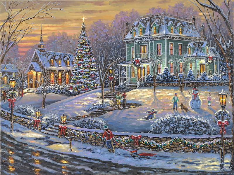 Merry Christmas to All - Robert Finale, victorian, snow, decoration, sunset, sky, church, winter, house, artwork, painting, HD wallpaper