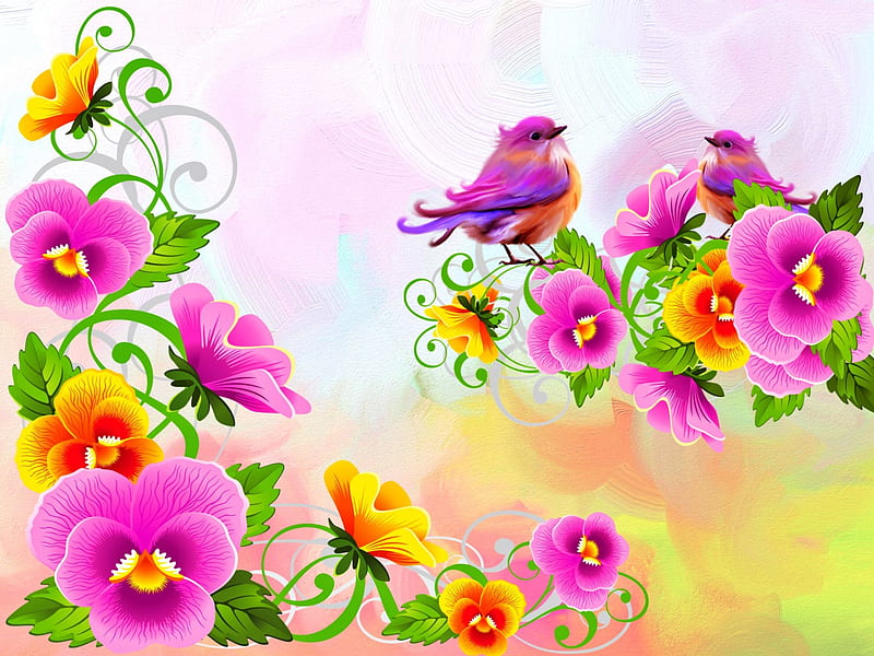 Bird's Couple, Pansies, Spring, Flowers, Birds, HD wallpaper