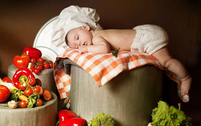 Little Chef, cute, sleeping, baby, vegetables, HD wallpaper