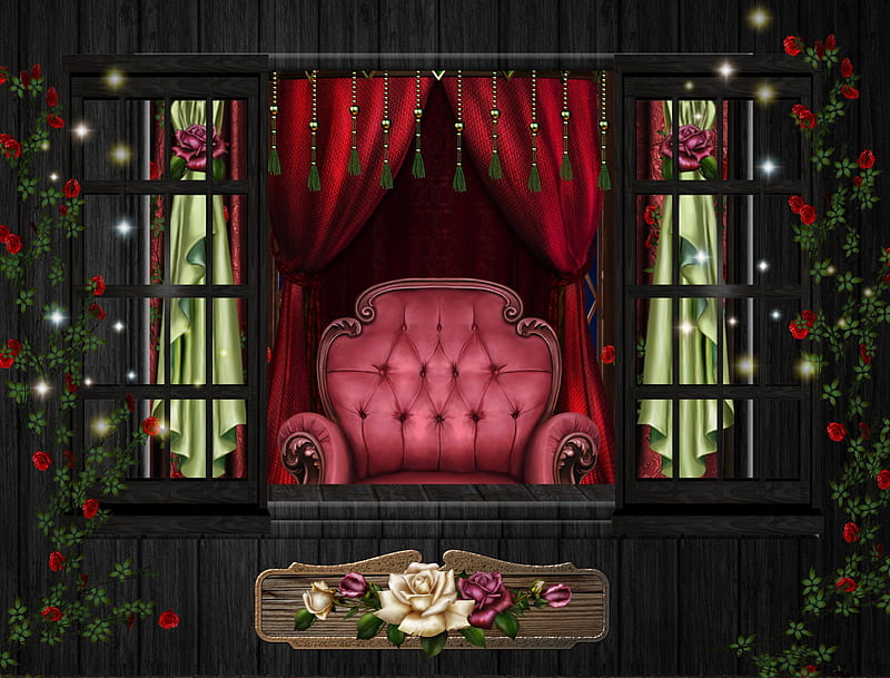 ✼.Love & Impressive Interior.✼, rocks, red, digital Art, premade BG, dazzling, impressive, charm, interior, bonito, leaves, stock , flowers, chair, light, lovely, window, view, curtains, roses, trees, plants, backgrounds, HD wallpaper