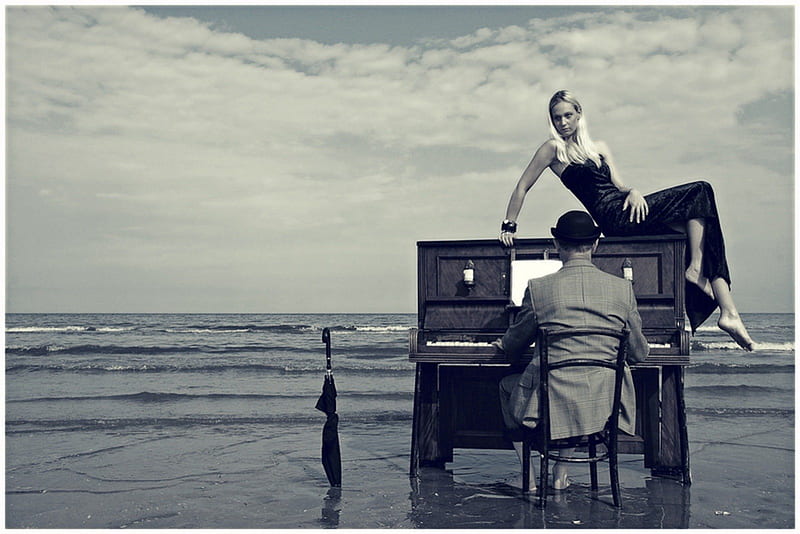 Pianist, woman, sea, piano, HD wallpaper