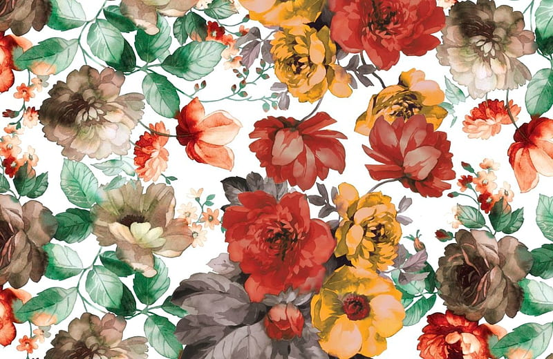Flowers, red, art, green, texture, flower, summer, yellow, watercolor, HD wallpaper