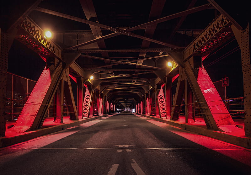 red and black metal bridge during nighttime, HD wallpaper